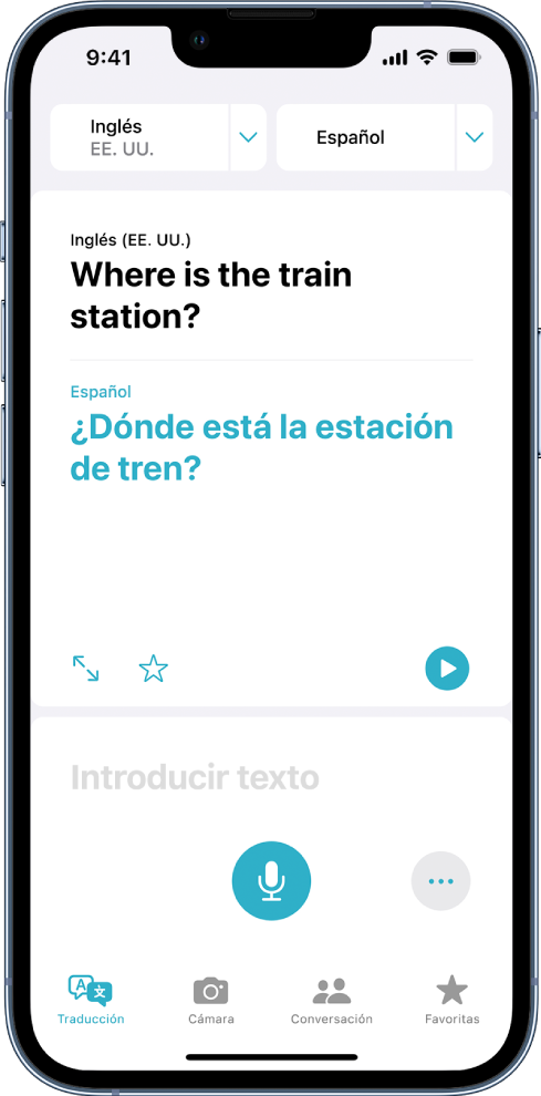 Pestaña Traducción con dos selectores de idioma (inglés y español) en la parte superior, una traducción en el centro y el campo para introducir texto cerca de la parte inferior.