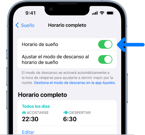 Pantalla “Horario completo” con la opción “Horario de sueño” activada en la parte superior.