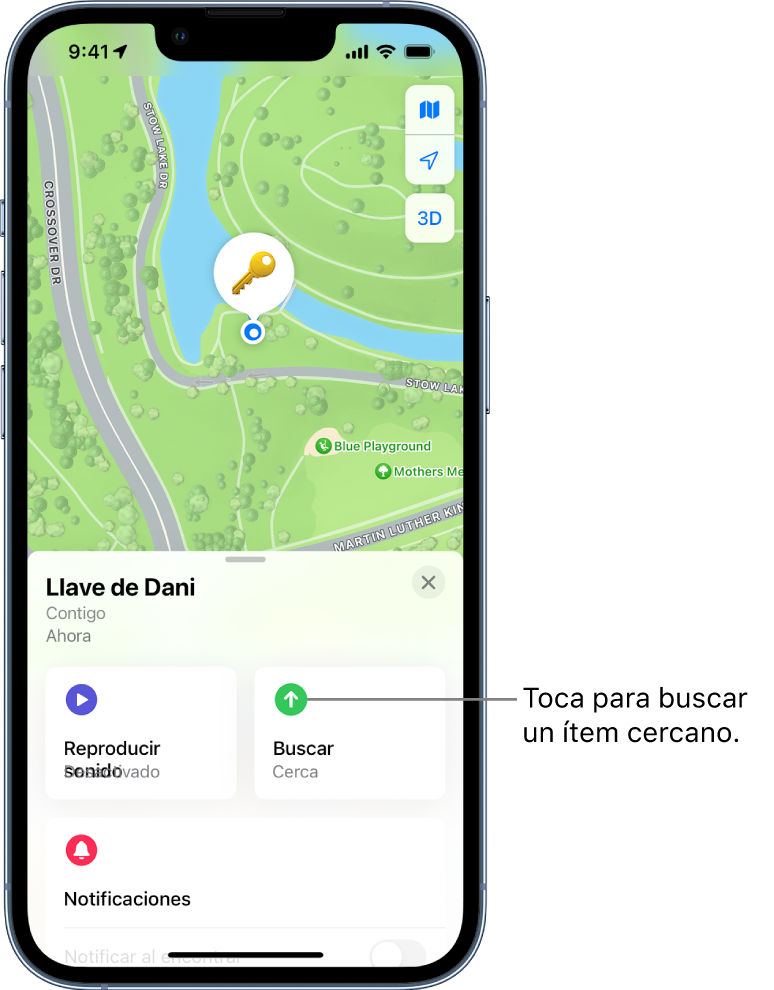 App Buscar abierta, que muestra las llaves de Dani en el parque del Retiro. Toca el botón Buscar para localizar un ítem cercano.