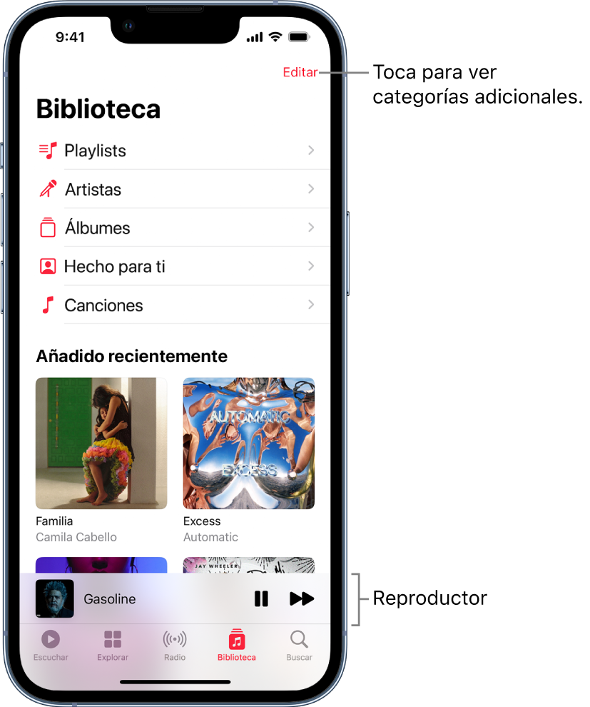 Pantalla Biblioteca con una lista de categorías, entre las que se incluyen Playlists, Artistas, Álbumes, “Hecho para ti” y Canciones. Bajo la lista, se muestra la cabecera “Añadido recientemente”. Reproductor con el título de la canción que está sonando y los botones Reproducir y Siguiente cerca de la parte inferior de la pantalla.