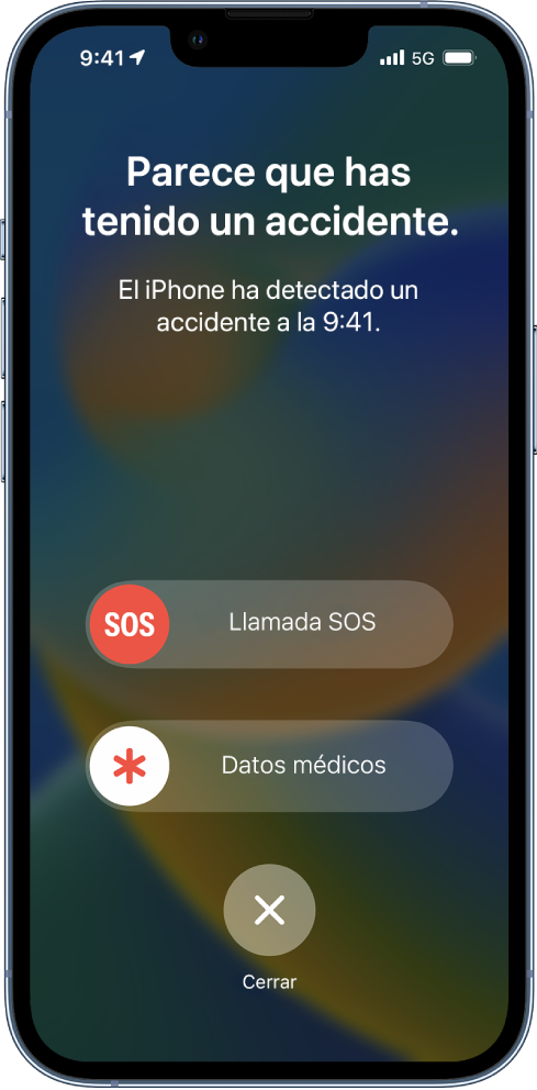 Pantalla de un iPhone que muestra que se ha detectado un accidente y debajo están los botones “Llamada SOS”, “Datos médicos” y Cerrar.
