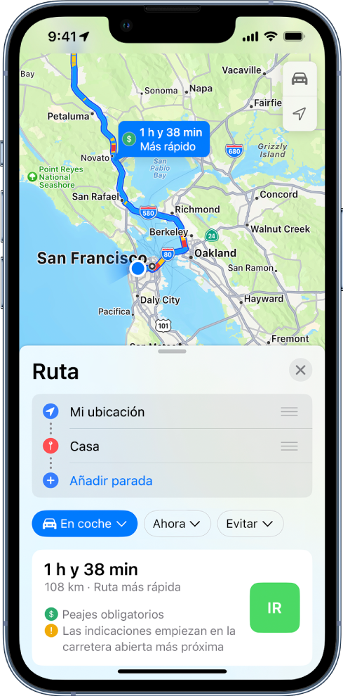 Mapa de una ruta en coche con el botón Ir en la parte inferior derecha.