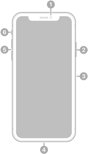 Vista frontal del iPhone X. La cámara frontal se encuentra en la parte superior central. En el lado derecho, de arriba a abajo, se encuentran el botón lateral y la bandeja SIM. El conector Lightning está en la parte inferior. En el lado izquierdo, de abajo a arriba, se encuentran los botones de volumen y el conmutador de tono/silencio.