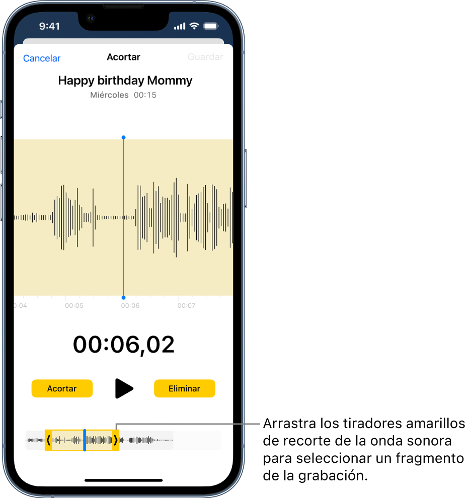 Se está acortando una grabación, con los tiradores de recorte amarillos que enmarcan una porción de la forma de onda de audio en la parte inferior de la pantalla. Encima de la forma de onda hay un botón Reproducir y un temporizador de grabación. Los tiradores de recorte están debajo del botón Reproducir. El botón Acortar para eliminar la parte de la grabación que se encuentre fuera de los tiradores y el botón Eliminar para eliminar la parte de la grabación que se encuentre dentro de los tiradores están a ambos lados del botón Reproducir.
