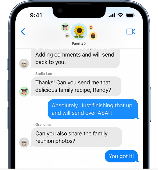 Conversación de grupo en la app Mensajes.