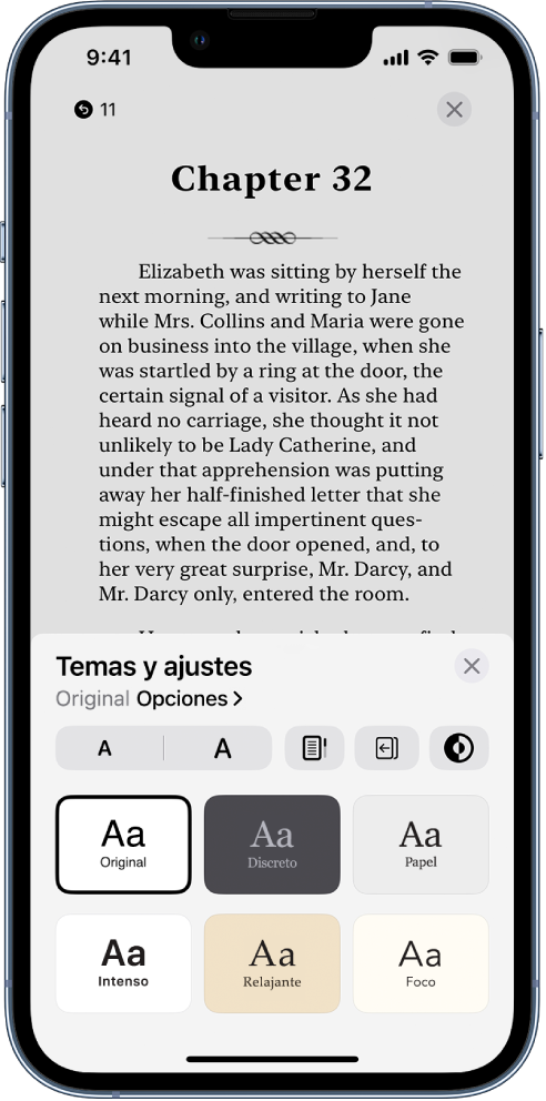 Las opciones de temas y ajustes con los controles de tamaño de la letra, la vista del desplazamiento, el estilo al pasar de página, el brillo y los estilos del tipo de letra.