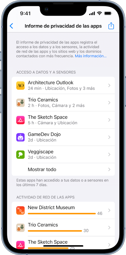 Un informe de privacidad de las apps con información de cinco apps sobre la categoría “Acceso a datos y a sensores” e información de tres apps sobre la categoría “Actividad de red de las apps”.
