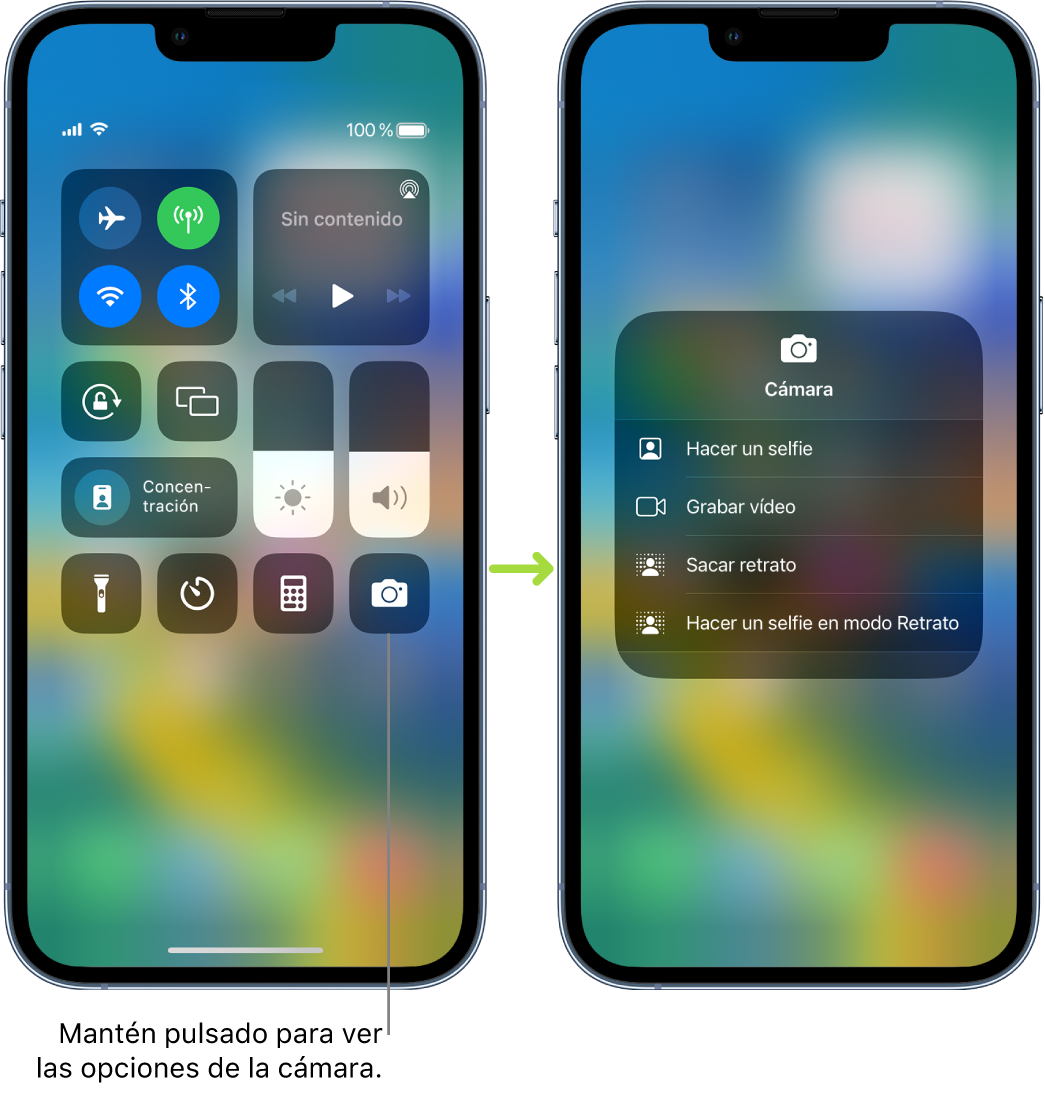 Dos pantallas del centro de control en paralelo. La de la izquierda muestra los controles del modo Avión, datos móviles, Wi-Fi y Bluetooth en el grupo de arriba a la izquierda. El icono de la cámara se muestra en la parte inferior derecha. La pantalla de la derecha muestra más opciones en el menú de acciones rápidas para la cámara: “Hacer un selfie”, “Grabar vídeo”, “Sacar retrato” y “Hacer un selfie en modo Retrato”.