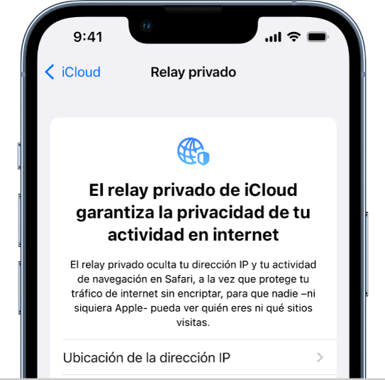 La pantalla Ajustes para activar o desactivar el relay privado.