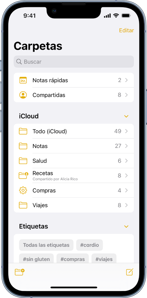 Lista de carpetas con el campo de búsqueda en la parte superior y el explorador de etiquetas en la parte inferior.
