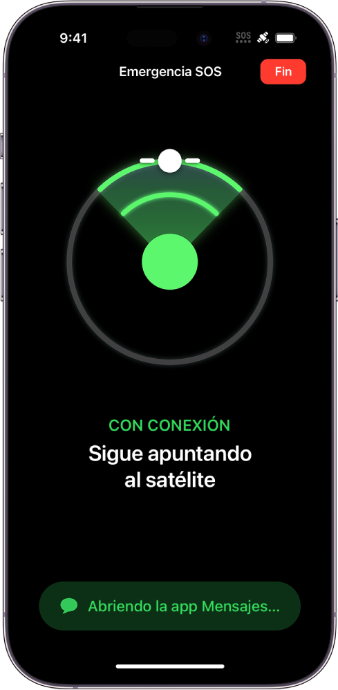 Pantalla de “Emergencia SOS” con una imagen indicando al usuario que apunte el iPhone a un satélite. Debajo aparece la notificación “Abriendo la app Mensajes”.