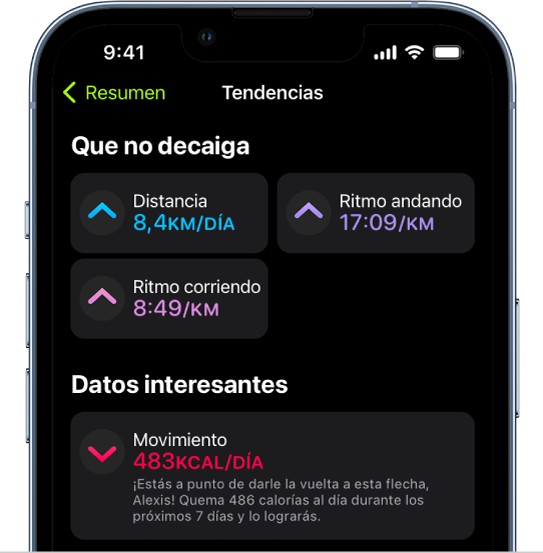 Pantalla Tendencias de la app Fitness, que muestra métricas para la distancia, el ritmo andando, el ritmo corriendo y las calorías quemadas.