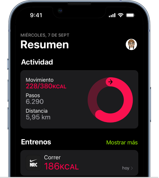 Pantalla Resumen de la app Fitness que muestra las áreas Actividad y Entreno.