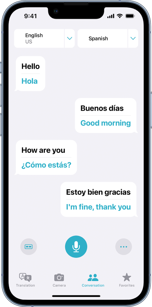 Vahekaart Conversation, millel kuvatakse vestlusmulle ja nende tõlkeid.