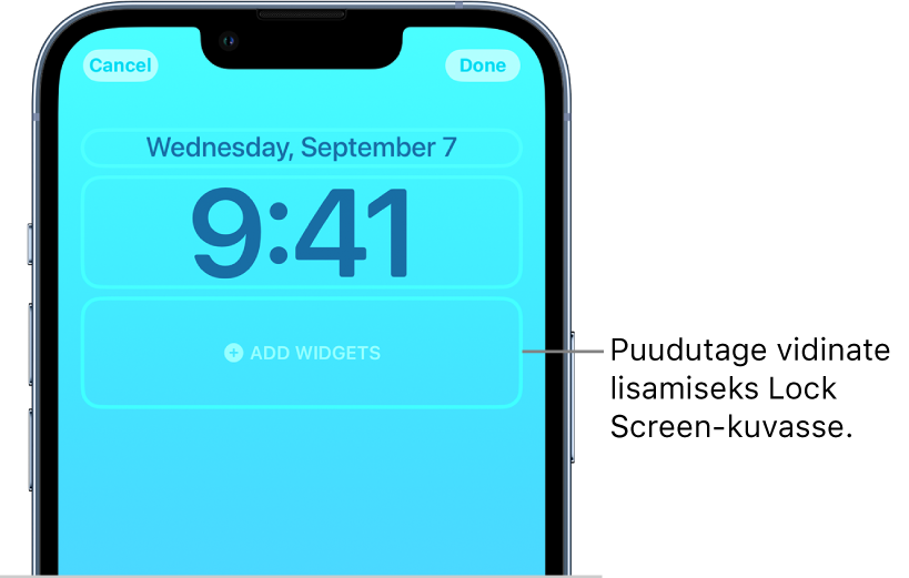 Kohandatud Lock Screen-kuva loomise protsess. Valitud on kohandamiseks saadaolevad elemendid – kuupäev, kellaaeg ning nupp vidinate lisamiseks.