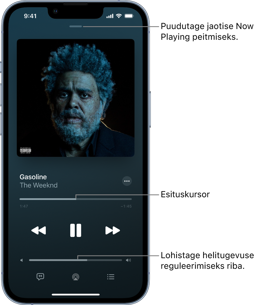 Kuva Now Playing koos albumi kaanega. Selle all on loo nimi, esitaja, nupp More, esituskursor, esituse juhtnupud, helitugevuse liugur, nupp Lyrics, nupp Playback Destination ja nupp Queue. Üleval asub nupp Hide Now Playing.