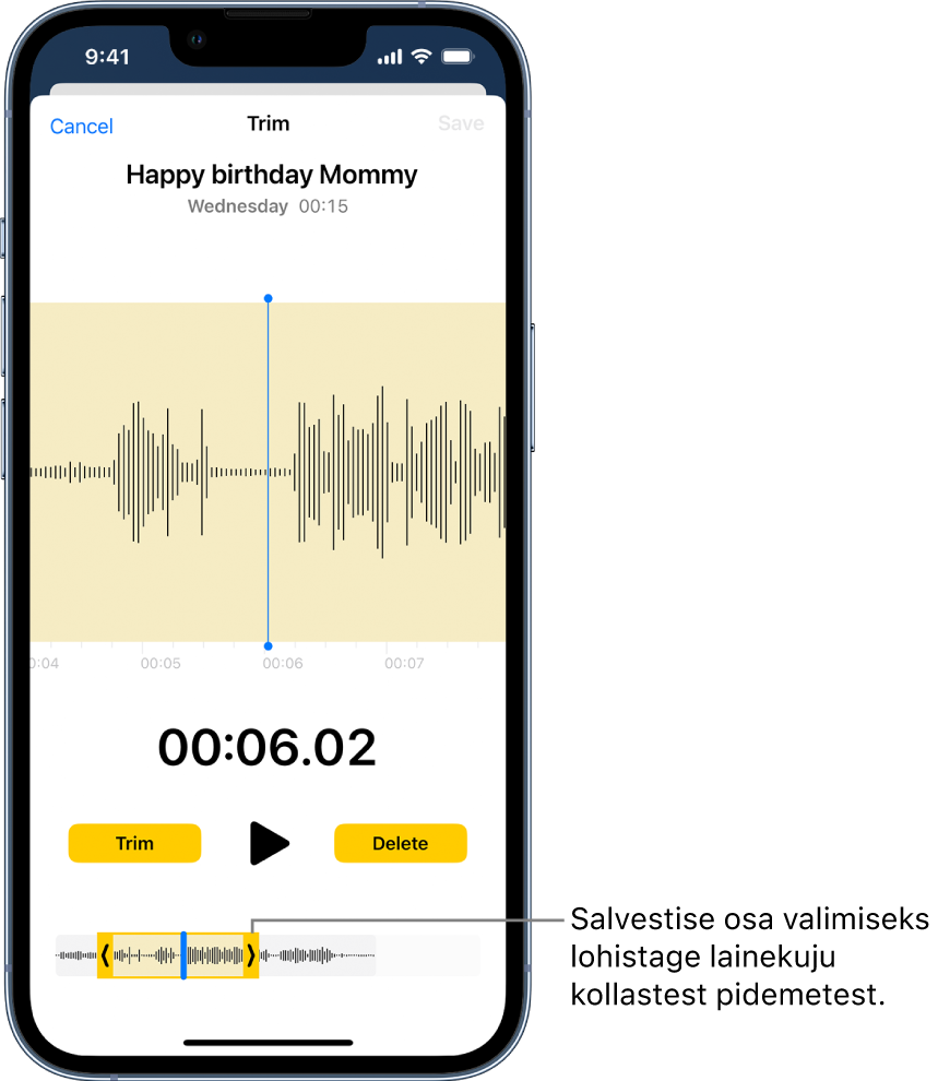 Kärbitav salvestis, kus kollased kärpimise pidemed on valinud osa heli lainekujust ekraani allservas. Lainekuju kohal on nupp Play ning salvestise taimer. Play nupu all on kärpimise pidemed. Play nupu külgedel on nupp Trim pidemetest välja jääva salvestise osa kustutamiseks ning nupp Delete pidemete sisse jääva salvestise osa kustutamiseks.