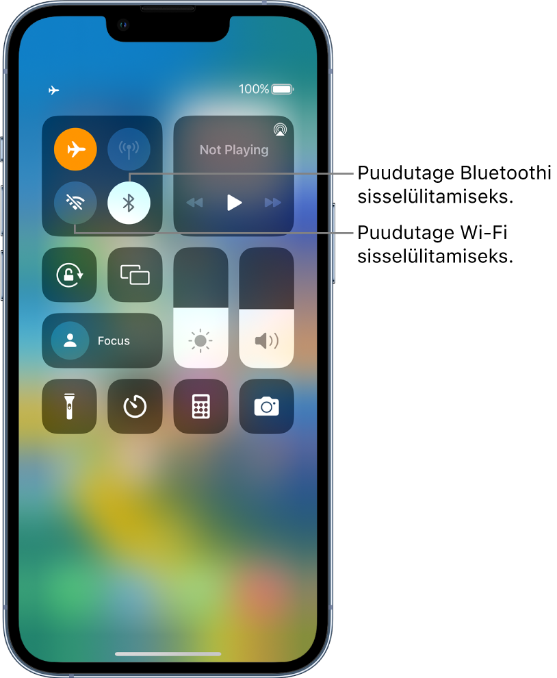 Control Center, kus on lennukirežiim lülitatud sisse. Control Centeri ülemises vasakus nurgas kuvatakse nupud Wi-Fi ja Bluetoothi sisselülitamiseks.