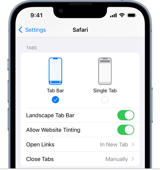 Ekraanil kuvatakse kahte Safari paigutuse valikut: Tab Bar ja Single Tab.