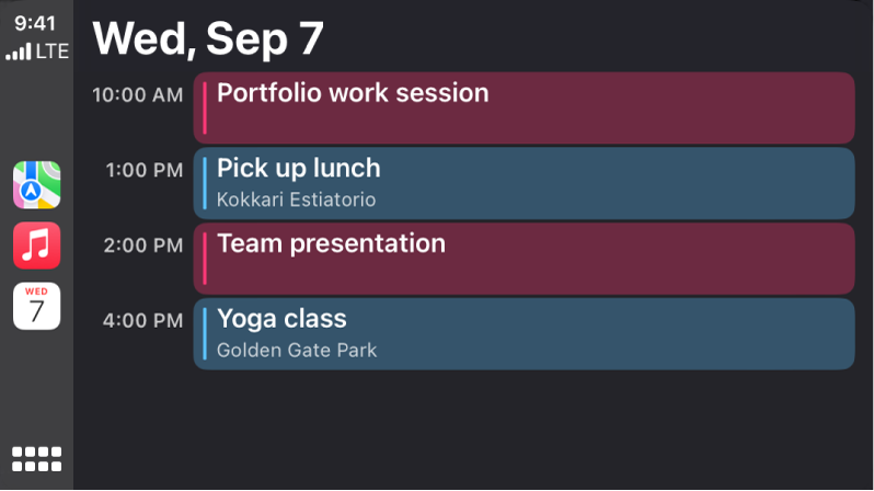 CarPlay kalendrikuva, milles on 7. septembri kolmapäevaks nelja sündmust.