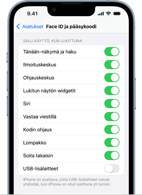Face ID ja pääsykoodi ‑näyttö, jossa ovat asetukset tiettyjen ominaisuuksien käytön sallimiselle silloin, kun iPhone on lukittu.