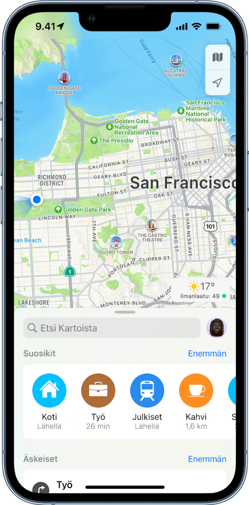 Kartat-näyttö, jossa näkyy hakukenttä näytön alaosassa. Hakukentän alla seuraavat sijainnit on tallennettu suosikeiksi: Koti, Työ, Julkiset ja Kahvi.
