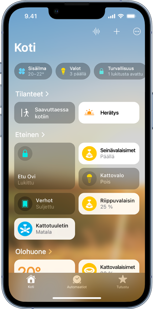 Koti-apin Koti-näyttö, jonka ylärivissä näkyy kategoriat, keskellä muokatut tilanteet, huoneet ja lisälaitteet ja alareunassa Automaatiot- ja Tutustu-valinnat.