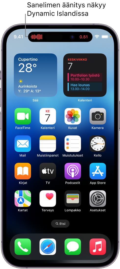 iPhone 14 Pron Koti-valikko, jossa näkyy Sanelimen äänitys Dynamic Islandilla.
