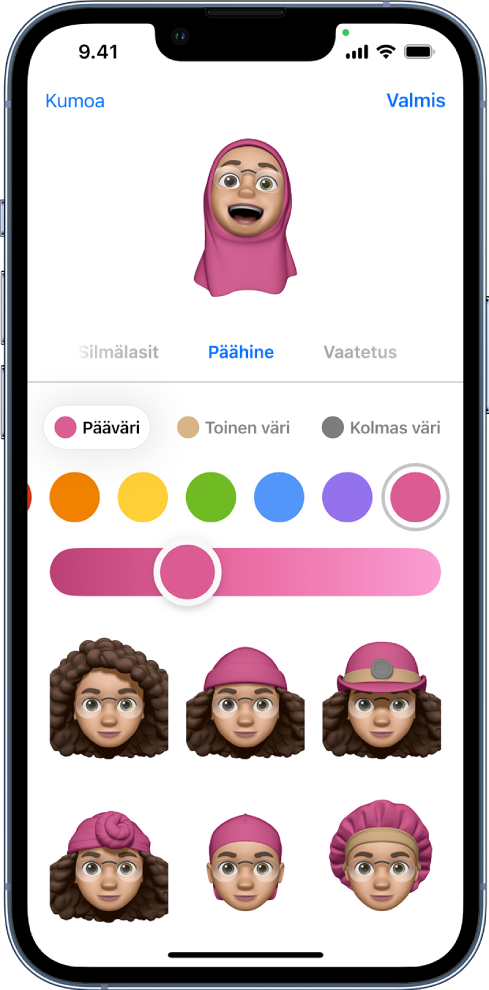 Memoji-näyttö, jossa näkyy ylimpänä luotava hahmo, sen alapuolella muokattavat ominaisuudet ja niiden alla valitun ominaisuuden vaihtoehdot. Valmis-painike on yläoikealla ja Kumoa-painike ylävasemmalla.