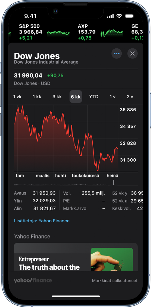 Näytön keskellä olevassa kaaviossa näkyy osakkeen kurssikehitys päivän aikana. Kaavion yläpuolella ovat painikkeet, joilla voidaan näyttää kurssikehitys yhtenä päivänä, viikossa, kuukaudessa, kolmessa kuukaudessa, kuudessa kuukaudessa, vuodessa, kahdessa vuodessa tai viidessä vuodessa. Kaavion alla ovat osakkeen tiedot kuten avaushinta, ylin ja alin hinta sekä markkina-arvo. Näytön alareunassa on Apple News ‑uutisjuttu.