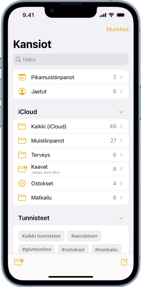 Kansioluettelo, jonka yläreunassa on tunnisteselain.