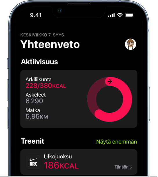 Kuntoilu-apin yhteenvetonäytössä näkyvät Aktiivisuus- ja Treenit-alueet.