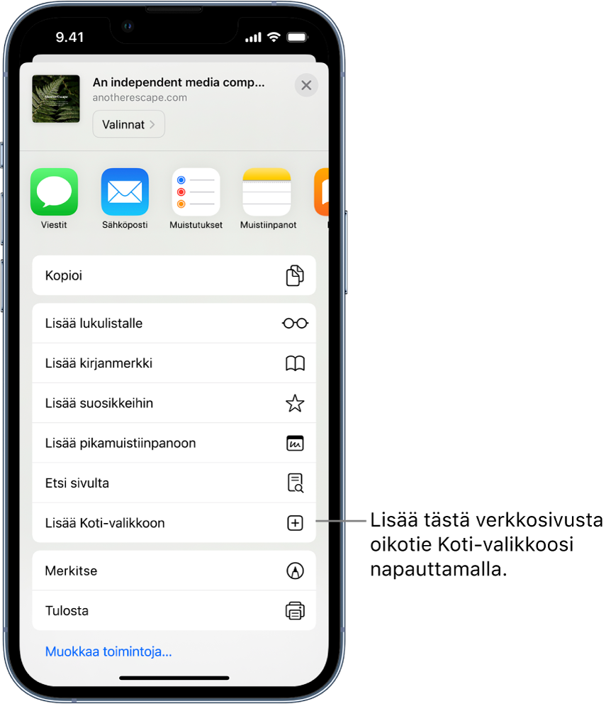 Safarissa on napautettu verkkosivuston Jaa-painiketta ja näkyviin on tullut luettelo vaihtoehdoista. Näytön alareunan lähellä on Lisää Koti-valikkoon -valinta. Napauta sitä, jotta tämän verkkosivuston oikotie lisätään Koti-valikkoosi.