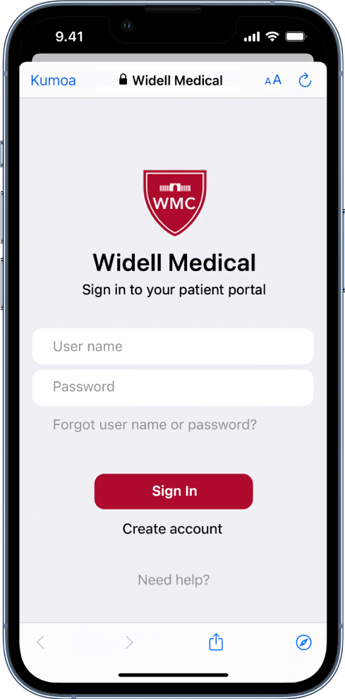 Terveyspalvelujen tarjoajan potilaan sisäänkirjautumisnäyttö iPhonessa.