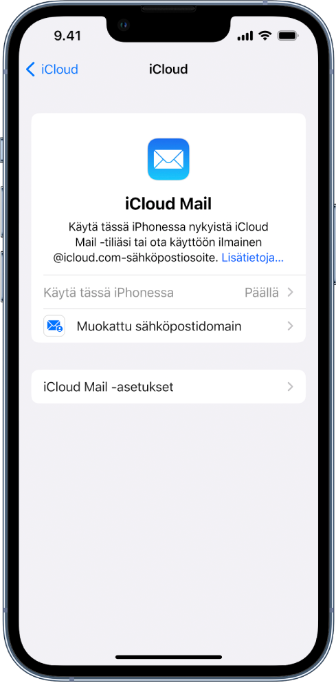 iCloud Mailin näytön yläosassa ”Käytä tässä iPhonessa” on laitettu pois päältä. Sen alla näkyvät muokatun sähköpostidomainin asetukset ja iCloud Mail -asetukset.