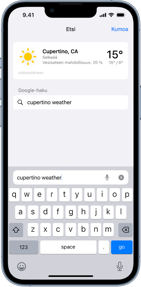 Näytön keskellä on Safarin hakukenttä, jossa on teksti ”cupertino weather”. Näytön yläreunassa on tulos Sää-apista, jossa näkyy Cupertinon tämän hetkinen sää ja lämpötila. Sen alla ovat Google-haun tulokset.