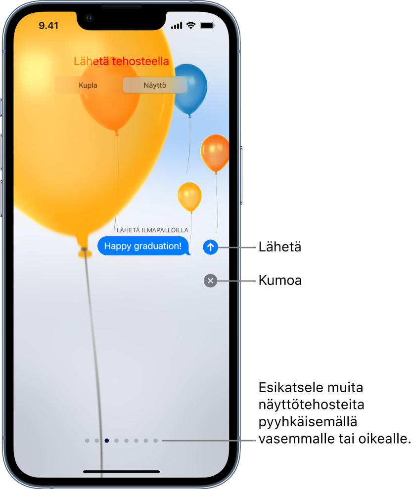 Viestin esikatselu, jossa näkyy koko näytön tehoste, jossa on ilmapalloja.