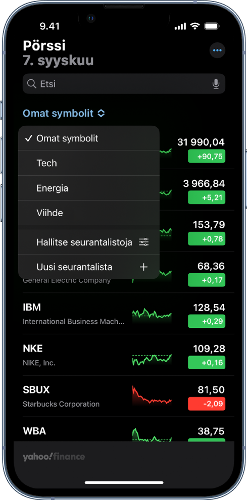 Seurantalista, jossa näkyy eri osakkeita. Kunkin osakkeen kohdalla näkyvät vasemmalta oikealle lueteltuina osakkeen symboli ja nimi, kurssikehityskaavio, osakkeen hinta ja hinnan muutos. Näytön yläreunassa Omat symbolit -seurantalista on valittuna ja seuraavat seurantalistat ja valinnat ovat saatavilla: Tekniikka, Energia, Viihde, Hallitse seurantalistoja ja Uusi seurantalista:
