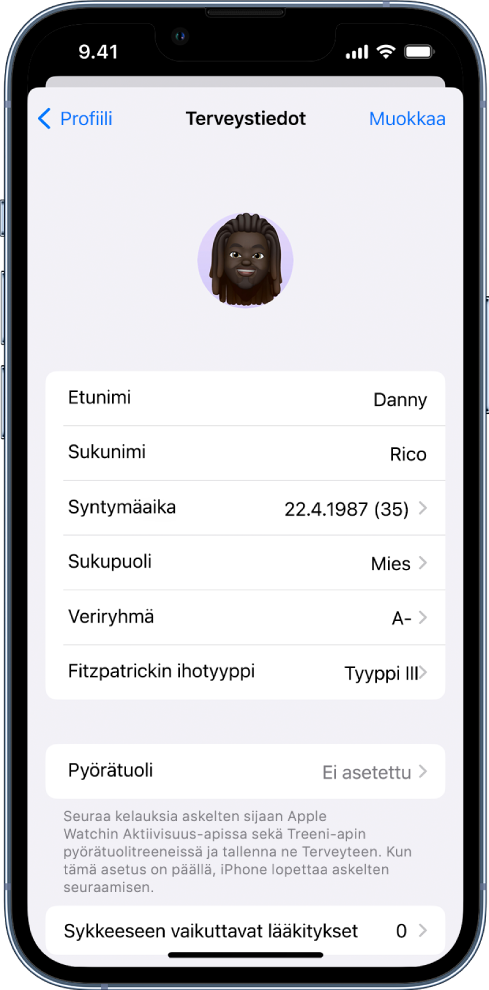 Terveystiedot-näyttö.
