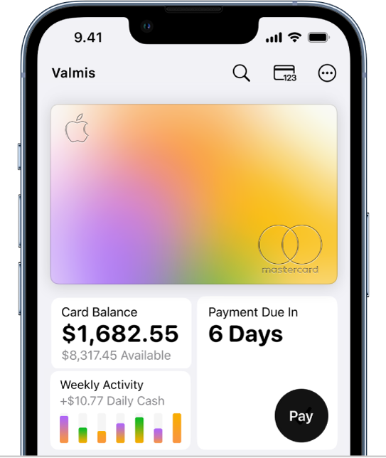 Apple Card Lompakossa, jossa näkyvät Lisää-painike yläoikealla, koko saldo ja viikoittainen toiminta alavasemmalla ja Maksa-painike alaoikealla.