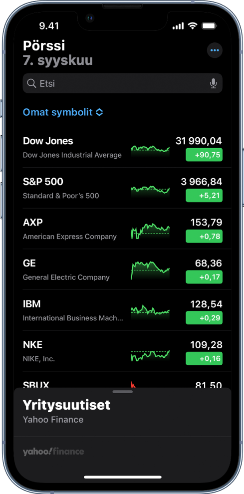 Seurantalista, jossa näkyy eri osakkeita. Kunkin osakkeen kohdalla näkyvät vasemmalta oikealle lueteltuina osakkeen symboli ja nimi, kurssikehityskaavio, osakkeen hinta ja hinnan muutos. Näytön yläreunassa Omat symbolit -seurantalistan otsikon yläpuolella näkyy hakukenttä. Näytön alareunassa on Yritysuutiset-kohta. Uutisjutut näytetään pyyhkäisemällä Yritysuutiset-osiota ylös.