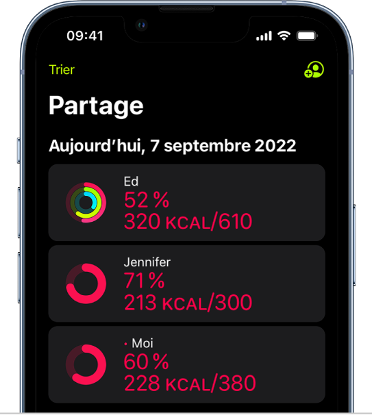 L’écran de partage Forme, avec des anneaux Bouger et des résumés d’activité partagés entre une personne et ses amis.