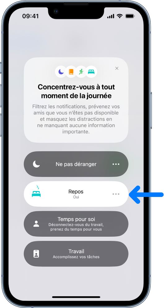 L’écran « Concentrez-vous à tout moment de la journée » avec l’option Sommeil activée.