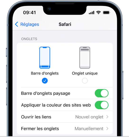 Un écran affichant deux options de disposition Safari : « Barre d’onglets » et « Onglet unique ».