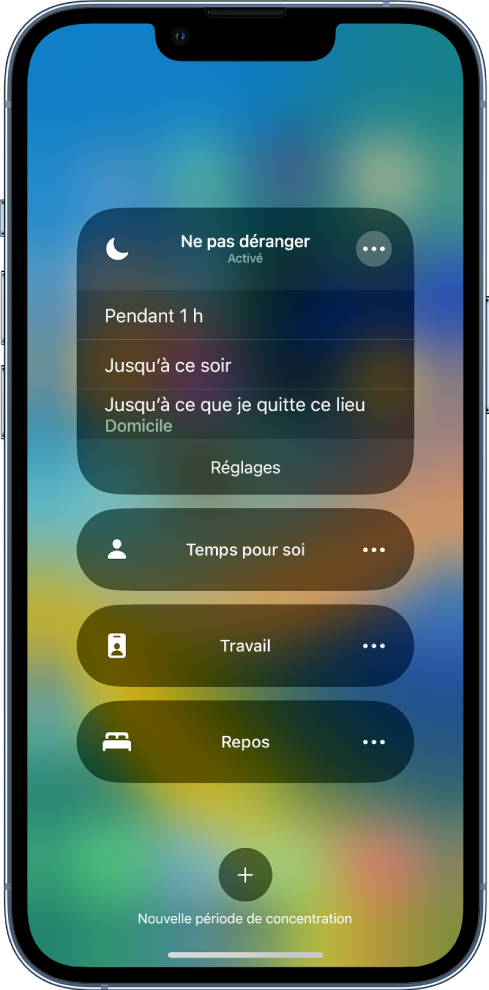 L’écran de sélection de la durée de la fonctionnalité « Ne pas déranger ». Les différentes options disponibles sont : « Pendant 1 heure », « Jusqu’à ce soir » et « Jusqu’à ce que je quitte ce lieu ».