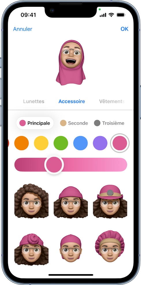 L’écran Memoji, avec un personnage en cours de création en haut, les caractéristiques à personnaliser sous le personnage, et les options de la caractéristique sélectionnée en dessous. Le bouton OK se trouve en haut à droite et le bouton Annuler est en haut à gauche.