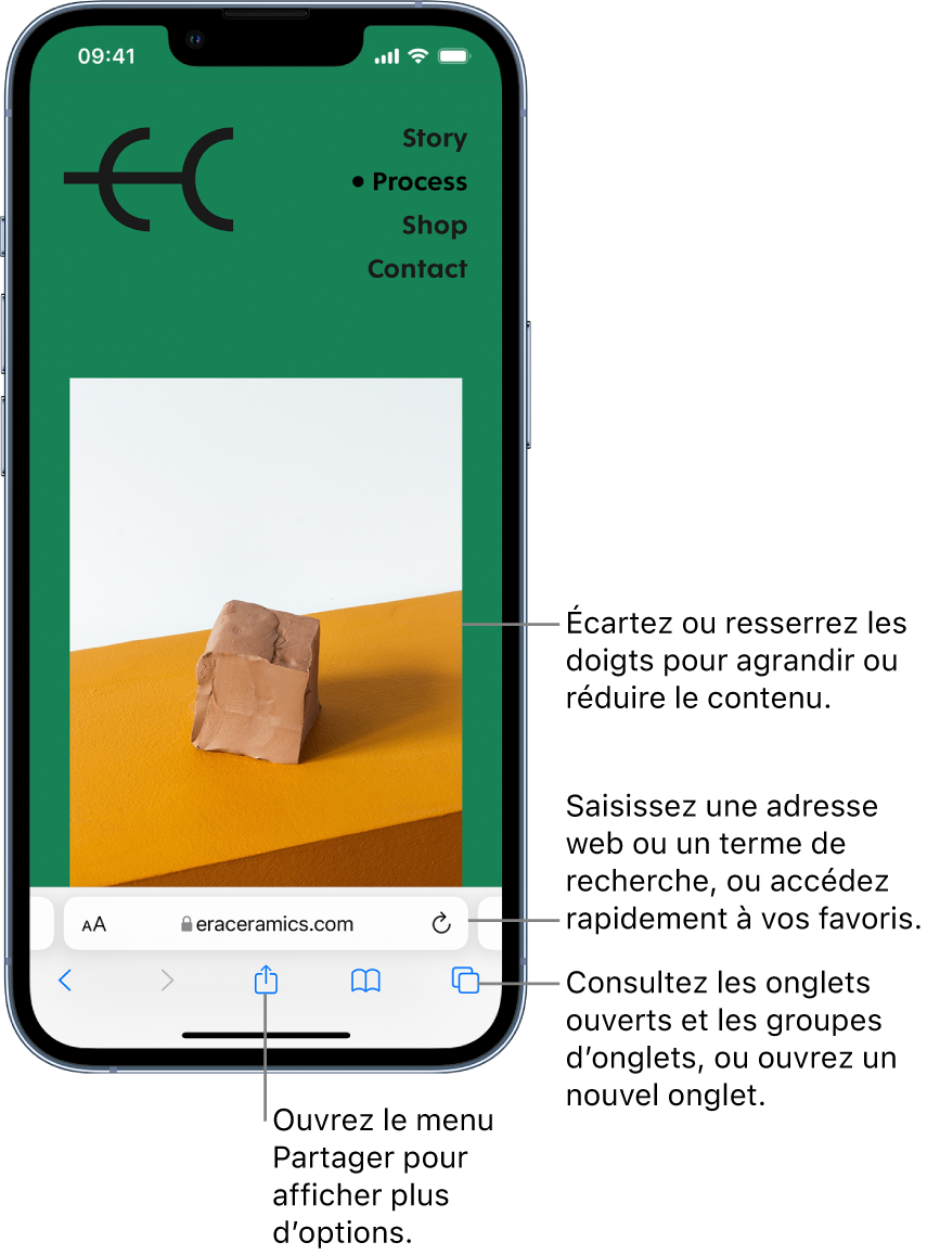 Un site web ouvert dans Safari, avec le champ d’adresse en bas. En bas de l’écran, de gauche à droite, se trouvent les boutons Précédent, Suivant, Partager, Signets et Onglets.