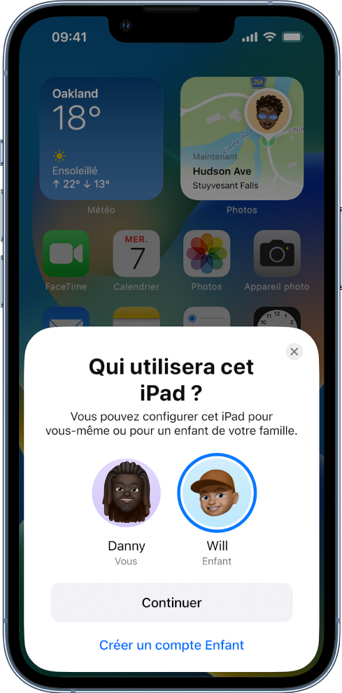 L’écran de configuration « Démarrage rapide » permettant d’identifier qui utilisera l’iPad : Danny (l’utilisateur) ou Will (son enfant).