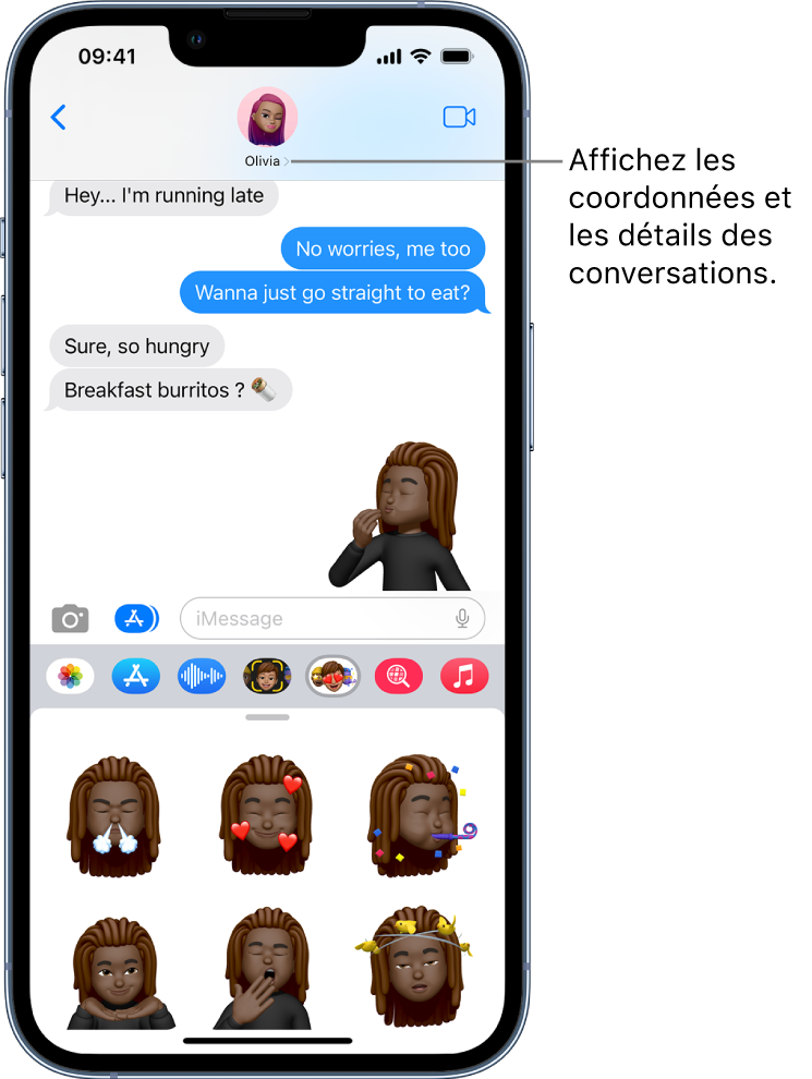 Une conversation dans Messages, avec les messages entrants à gauche et vos messages à droite. Un champ de texte en bas de la conversation vous permet de saisir votre réponse.