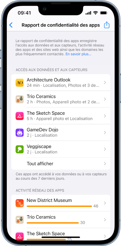 Un rapport de confidentialité des apps présentant une liste d’informations sur cinq apps pour la catégorie « Accès aux données et aux capteurs », et des informations sur trois apps pour la catégorie « Activité réseau des apps ».